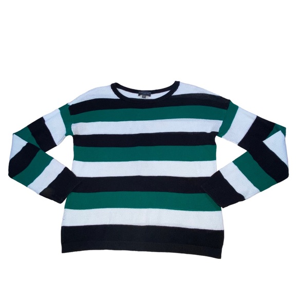 THE LIMITED Open Weave Knit Striped Green White Black Sweater - Women’s Small - Picture 2 of 13